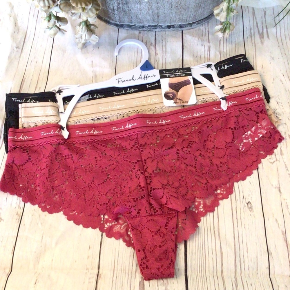 French Affair 3 Pack Floral Lace Hipster Cheeky Underwear Panty
